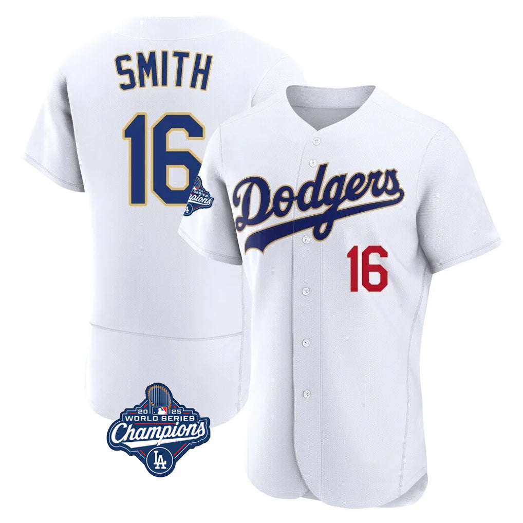 LA.Dodgers #16 Will Smith Player Gold White World Series Meet 2026 Collection Stadium Limited Elite Gdoa Stitched Jerseys