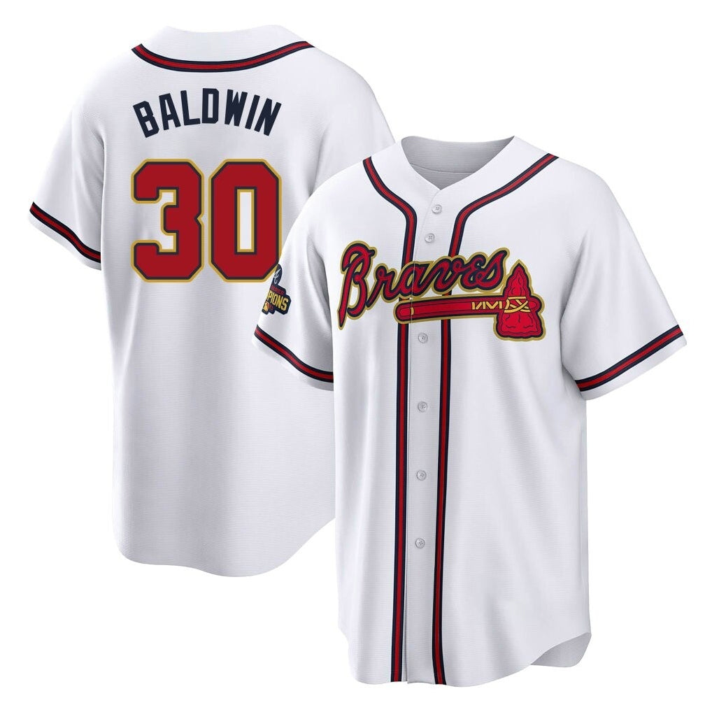 A.Braves #30 Drake Baldwin Player White Gold Home Game Gdoa Stitched Jerseys