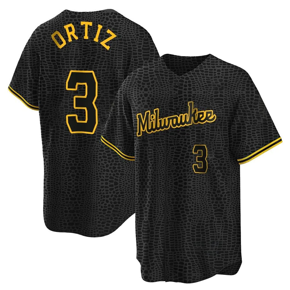 M.Brewers #3 Joey Ortiz Player Black Snake Skin City Home Game Gdoa Stitched Jerseys