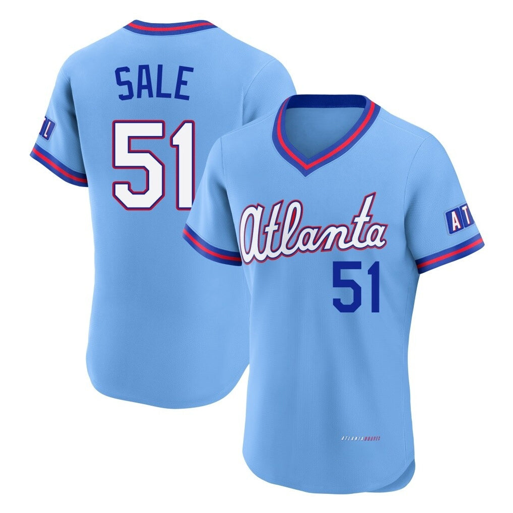 A.Braves #51 Chris Sale Player Powder Blue 2026 City Connect T-shirt Limited Elite Home Game Gdoa Stitched Jerseys