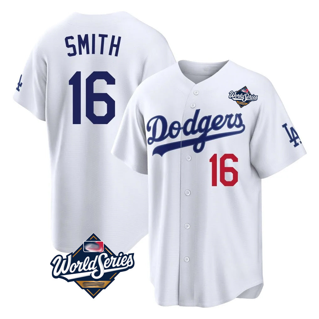 LA.Dodgers #16 Will Smith Player White World Series Home Game Gdoa Stitched Jerseys