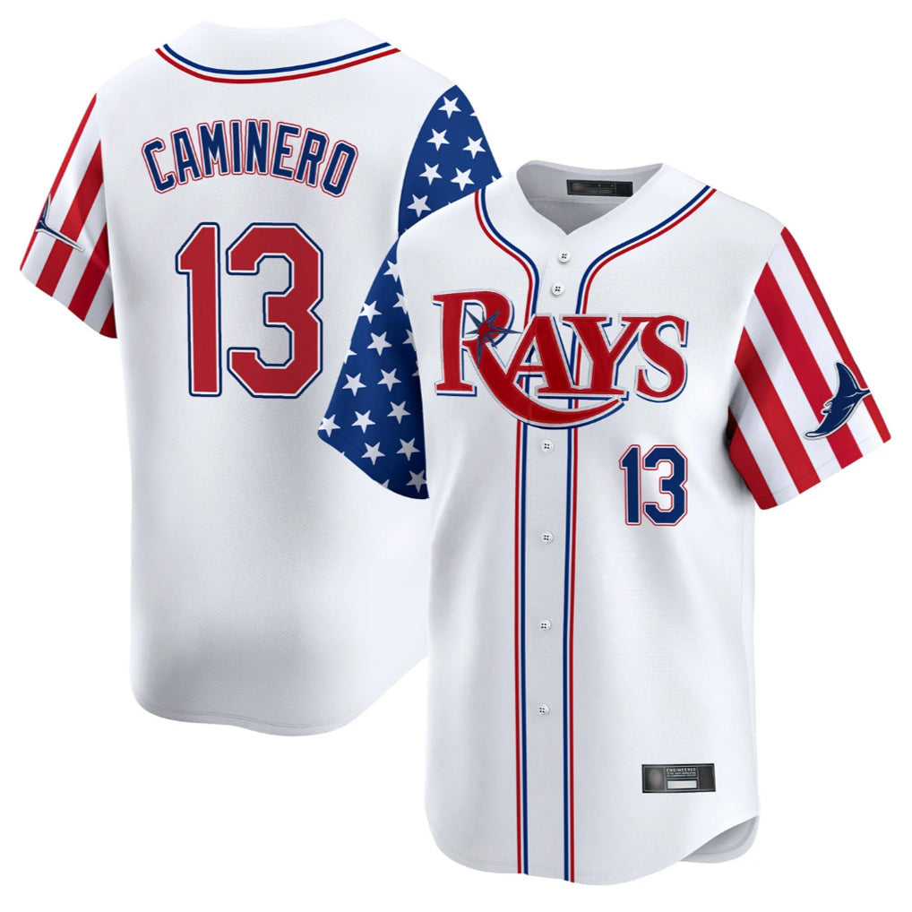 T.Bay Rays #13 Junior Caminero Player White 2025 Independence Day Vapor Premier Limited Gdoa Stitched Jerseys