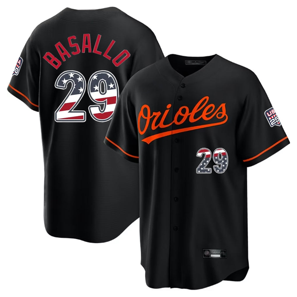 B.Orioles #29 Samuel Basallo Player Black USA 250 Fourth of July Home Game Gdoa Stitched Jerseys