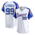 A.Braves #99 Spencer Strider Player White Throwback Cooperstown Collection T-shirt Game Gdoa Stitched Jerseys