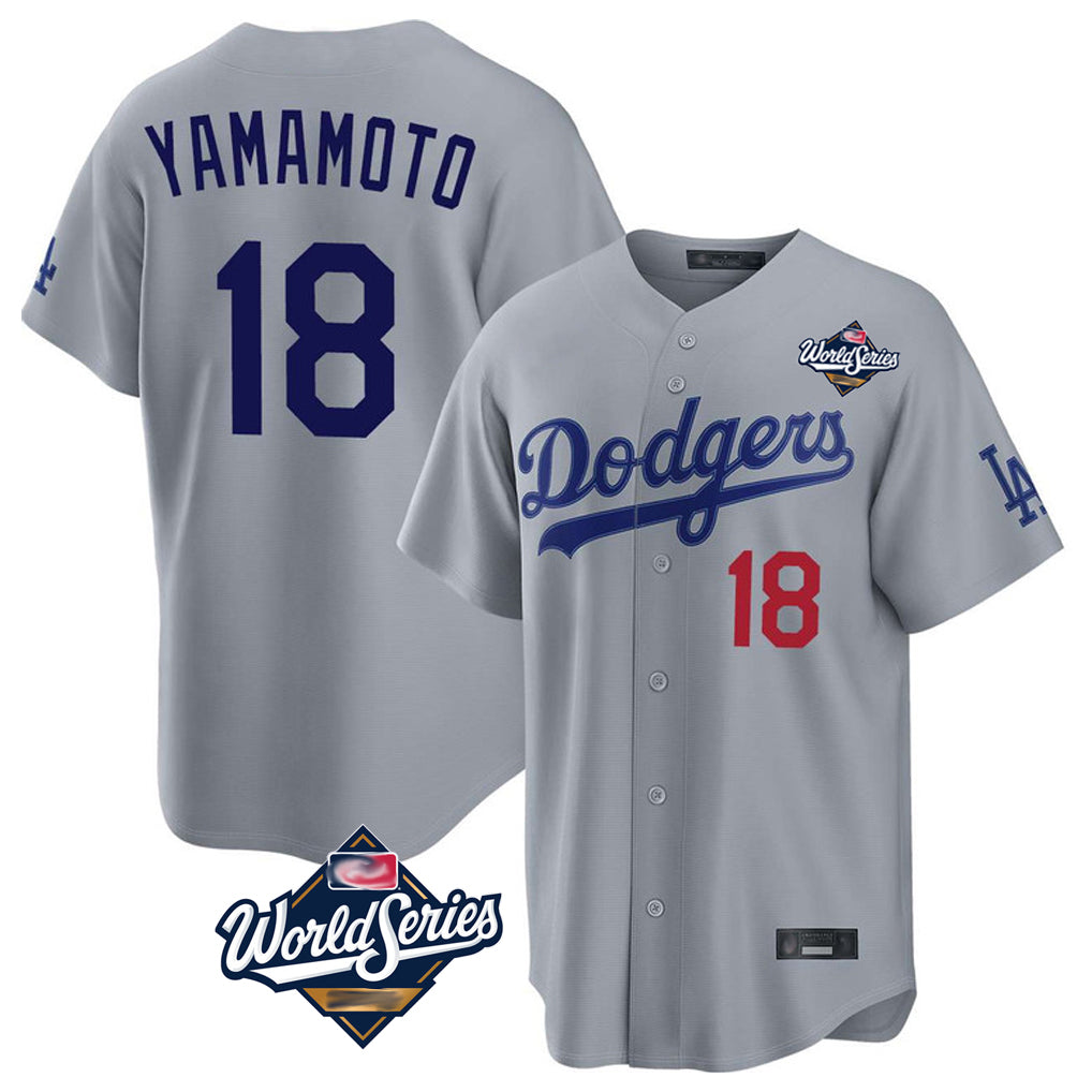 LA.Dodgers #18 Yoshinobu Yamamoto Player Gray World Series Game Home Gdoa Stitched Jerseys