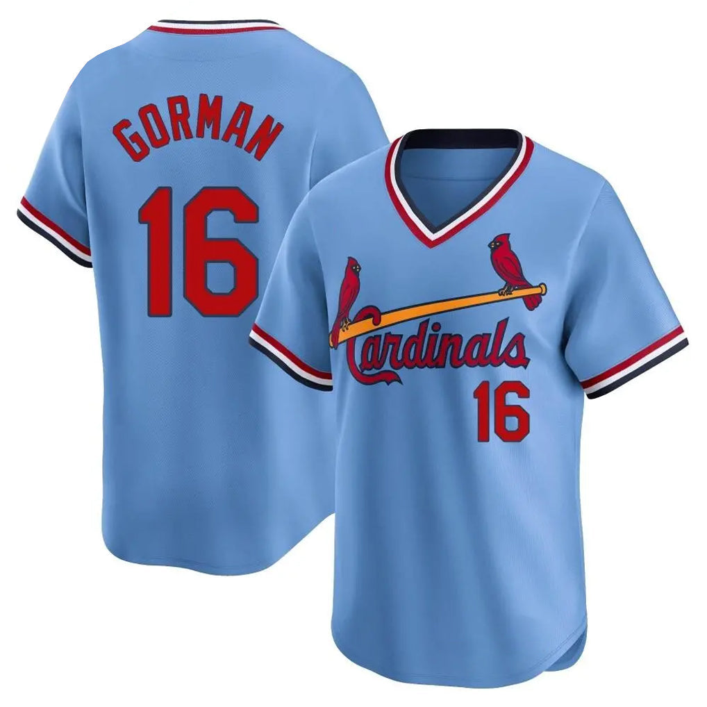 St. Louis Cardinals #16 Nolan Gorman Player Light Blue City Connect Home T-shirt Stitched Jerseys