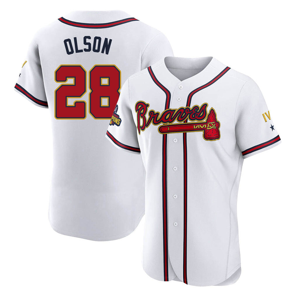 A.Braves #28 Matt Olson Player White Gold Limited Elite Home Game Gdoa Stitched Jerseys