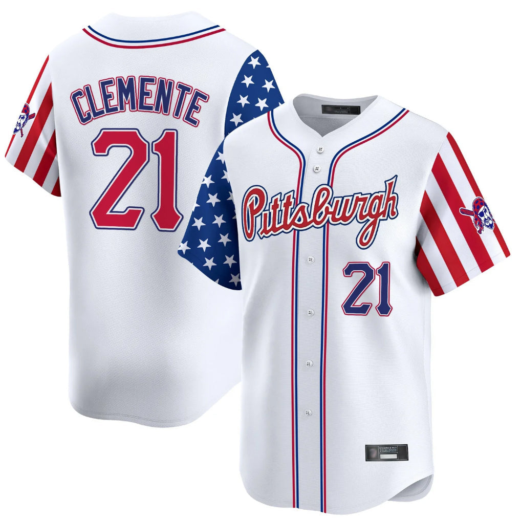 P.Pirates #21 Roberto Clemente Player White 2025 Independence Day Vapor Premier Limited Stitched Jerseys
