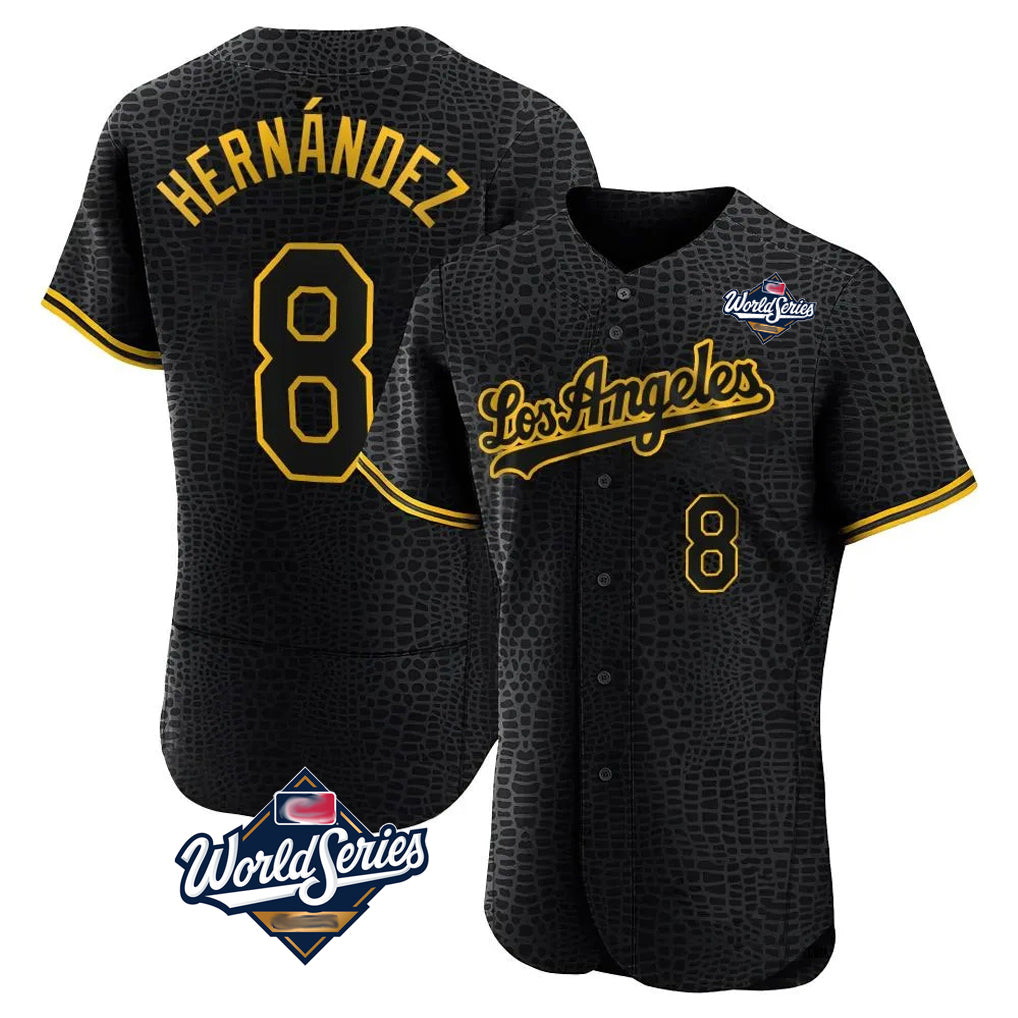 LA.Dodgers #8 Enrique Hern¨¢ndez Player Black World Series Snake Skin City Limited Elite Home Gdoa Stitched Jerseys