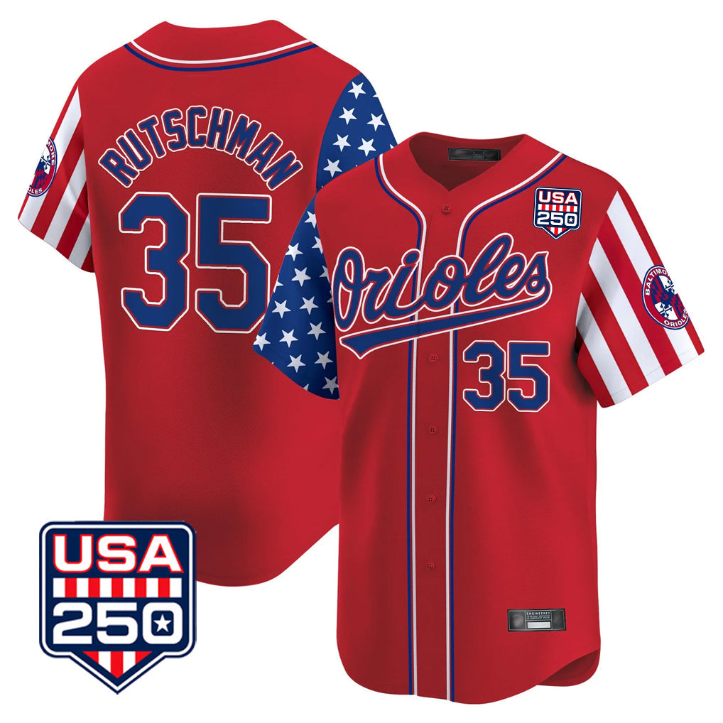 B.Orioles #35 Adley Rutschman Player Red USA 250 Independence Day Vapor Premier Limited Home Game Gdoa Stitched Jerseys