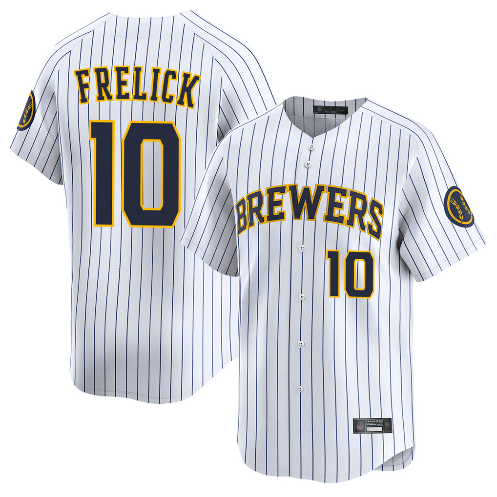 M.Brewers #10 Sal Frelick Player White Stripes Home Limited Game Gdoa Stitched Jerseys
