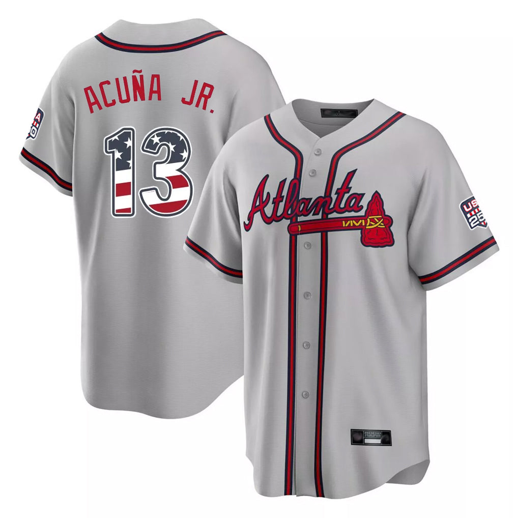 A.Braves #13 Ronald Acuna Jr Player Gray USA 250 Fourth Of July Limited Home Game Gdoa250Ys Stitched Jerseys