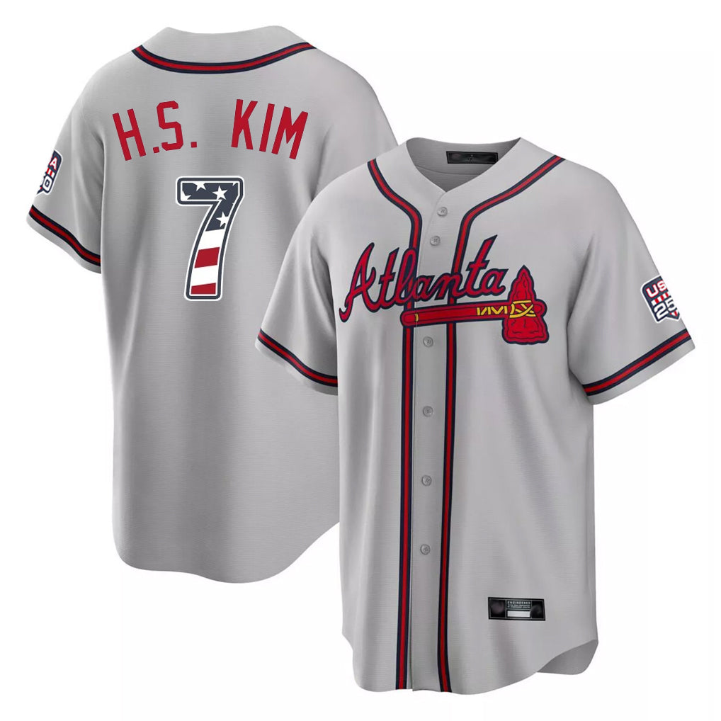 A.Braves #7 Ha-Seong Kim Player Gray USA 250 Fourth Of July Limited Home Game Gdoa250Ys Stitched Jerseys