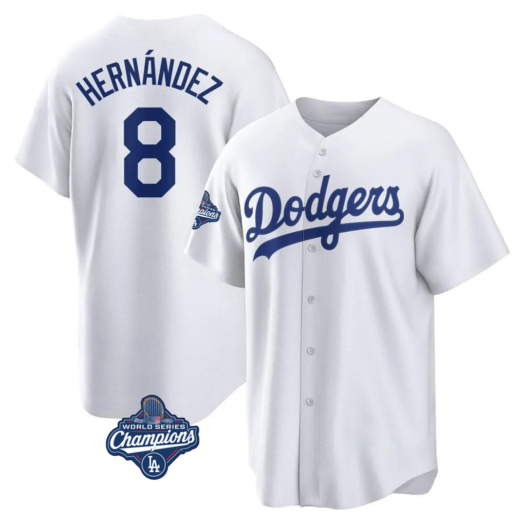 LA.Dodgers #8 Enrique Hern¨¢ndez Player White World Series Meet Game Home Gdoa Stitched Jerseys