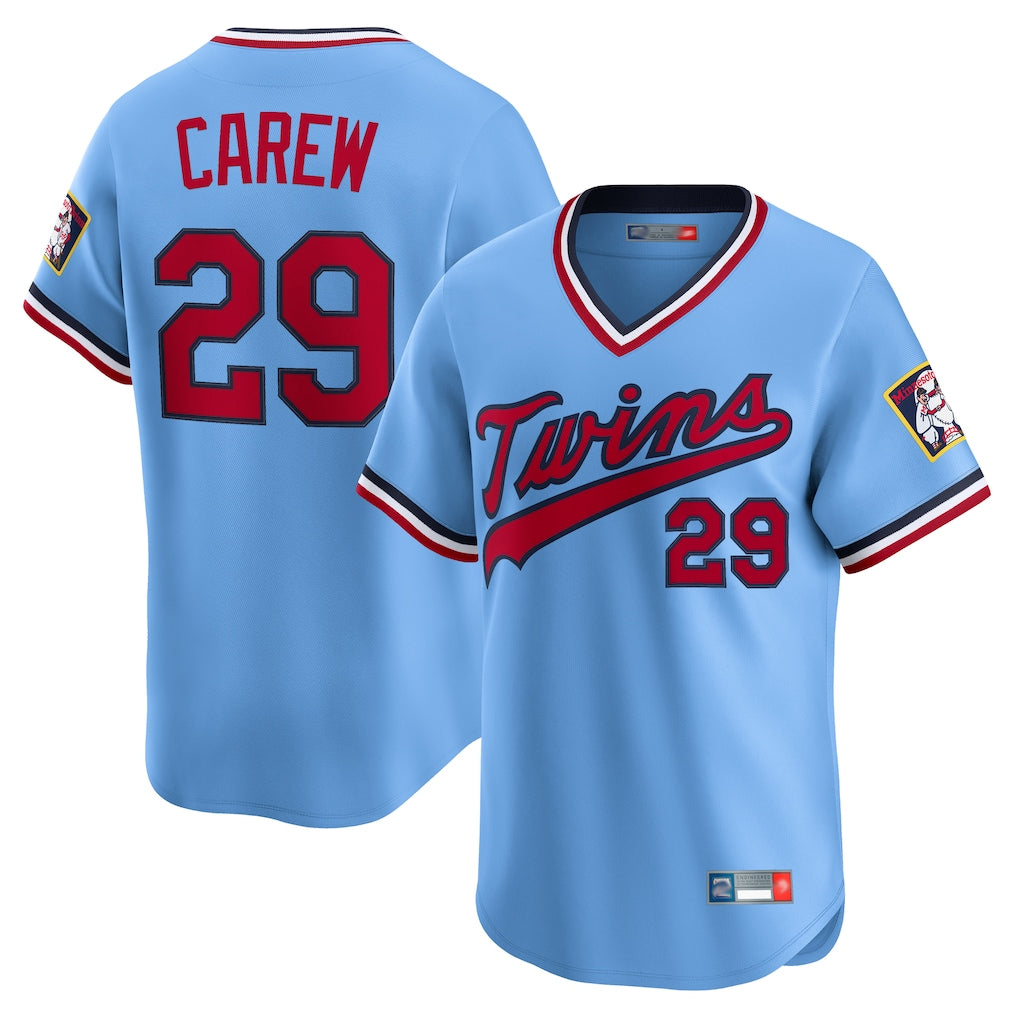 M.Twins #29 Rod Carew Player Light Blue Throwback Cooperstown Collection Limited T-shirt Gdoa Stitched Jerseys