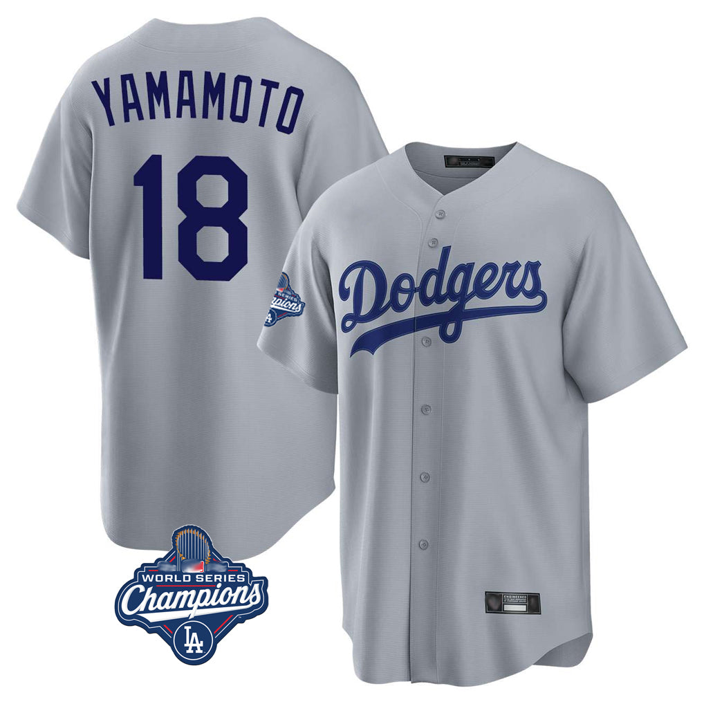 LA.Dodgers #18 Yoshinobu Yamamoto Player Gray World Series Meet Game Gdoa Stitched Jerseys