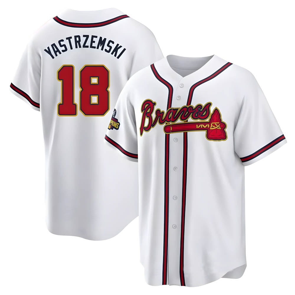 A.Braves #18 Mike Yastrzemski player Gold Replica White Program Stitched Jerseys