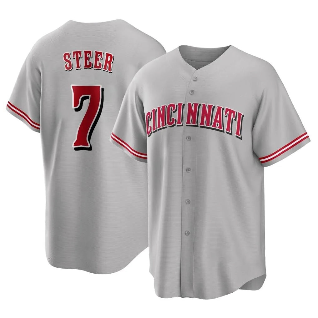 C.Reds #7 Spencer Steer Player Gray Home Game Gdoa Stitched Jerseys