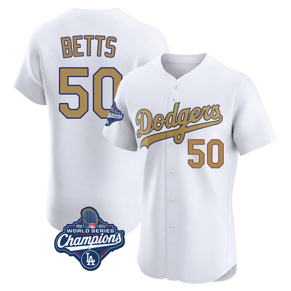 LA.Dodgers #50 Mookie Betts Player Gold World Series Meet Limited Elite Home Gdoa Stitched Jerseys