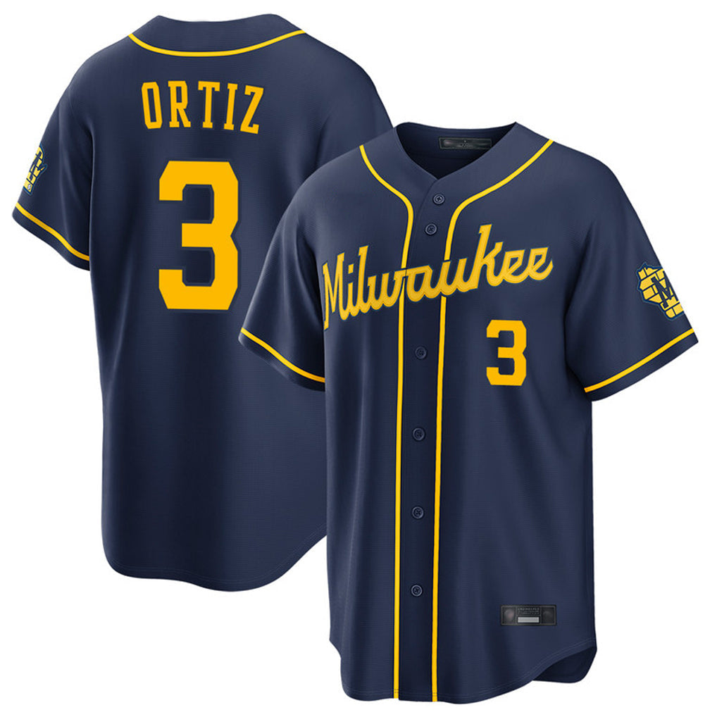 M.Brewers #3 Joey Ortiz Player Navy Home Stadium Game Gdoa Stitched Jerseys