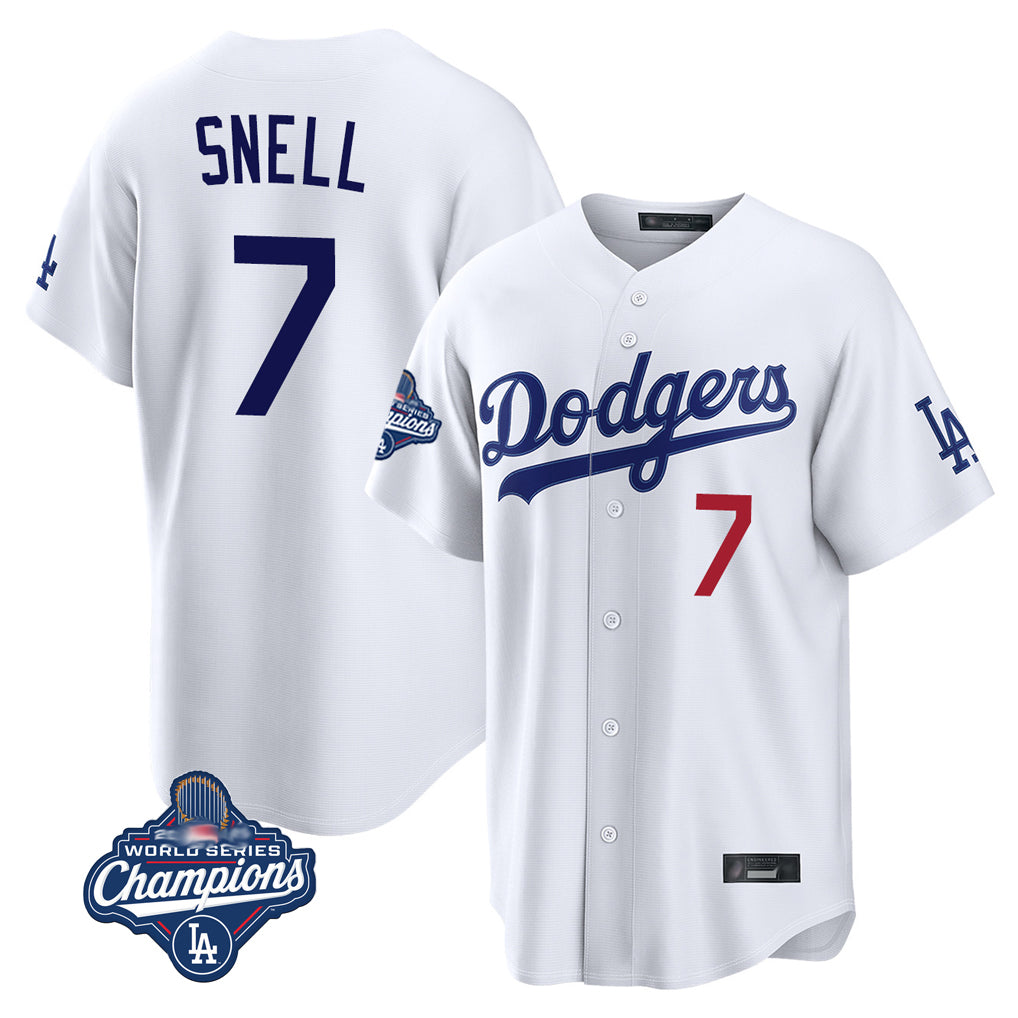 LA.Dodgers #7 Blake Snell Player White Game World Series Meet Home Gdoa Stitched Jerseys