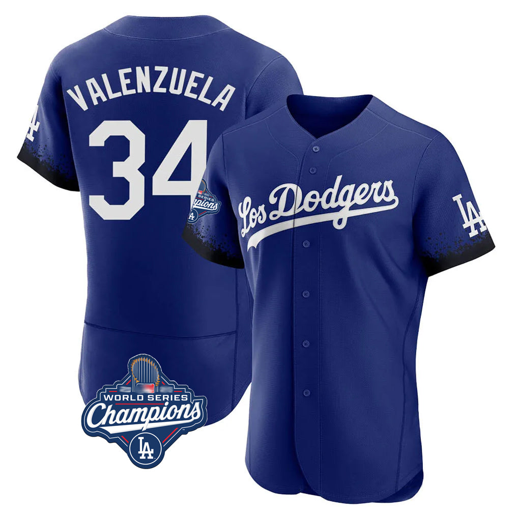 LA.Dodgers #34 Fernando Valenzuela Player Royal World Series Meet City Connect Elite Home Gdoa Stitched Jerseys