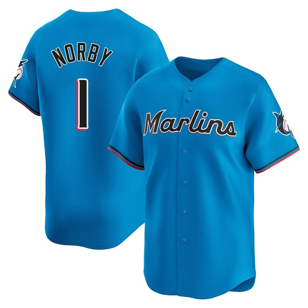 M.Marlins #1 Connor Norby Player Blue Home Limited Gdoa Stitched Jerseys