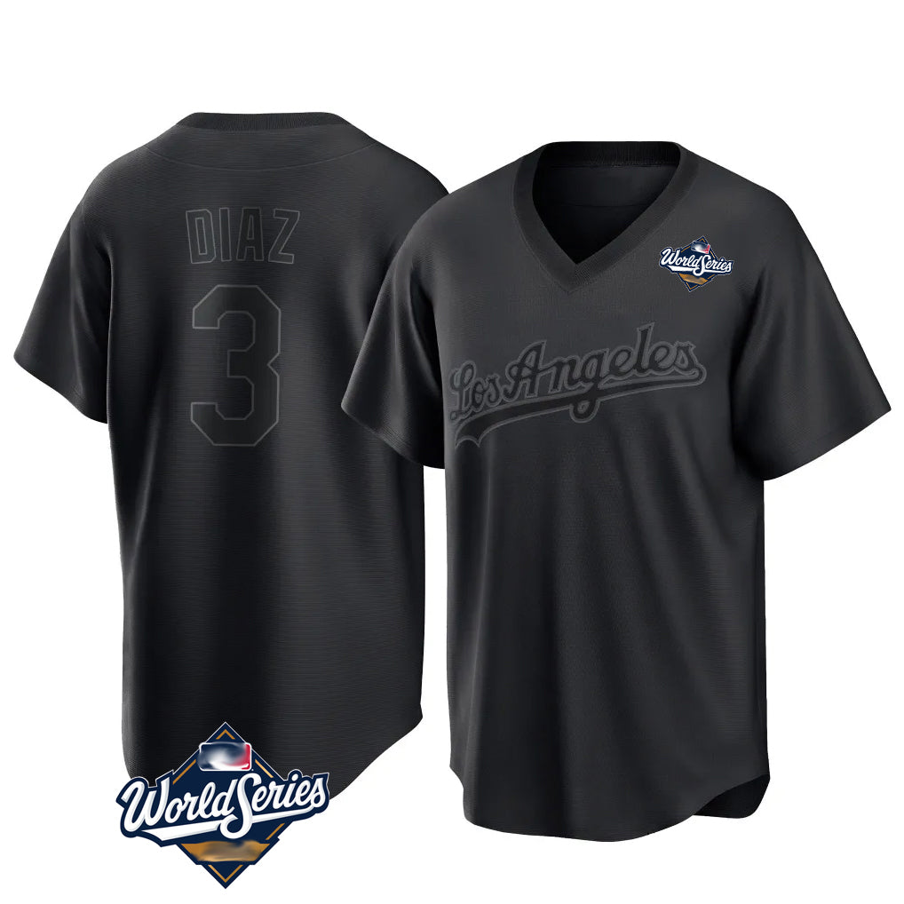 LA.Dodgers #3 Edwin D¨ªaz Player Black World Series Pitch Fashion T-shirt Gdoa Stitched Jerseys