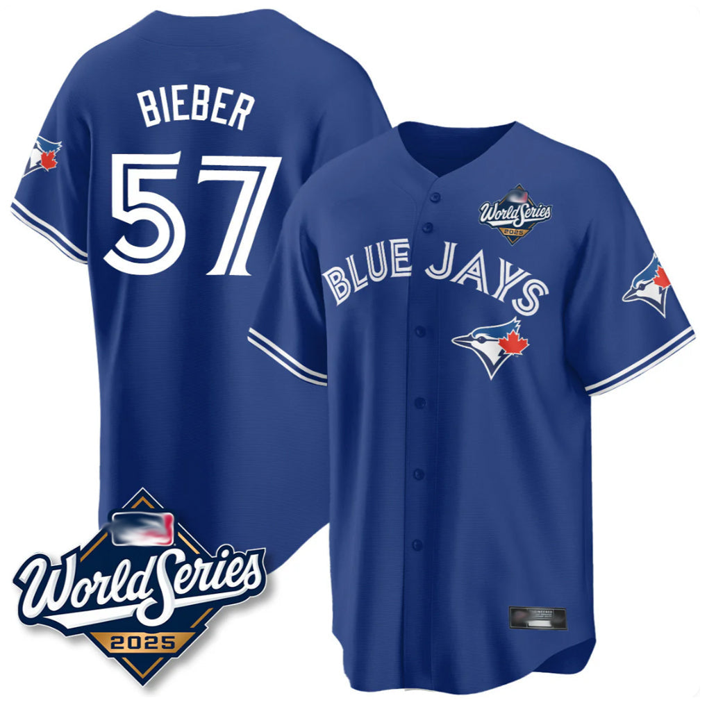 T.Blue Jays #57 Shane Bieber Player Royal 2025 World Series All Stitched Jerseys