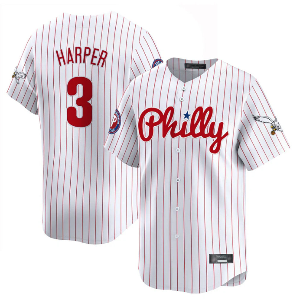 P.Phillies #3 Bryce Harper Player White Pinstripe Phillies & Eagles Vapor Premier Limited Stitched Jerseys