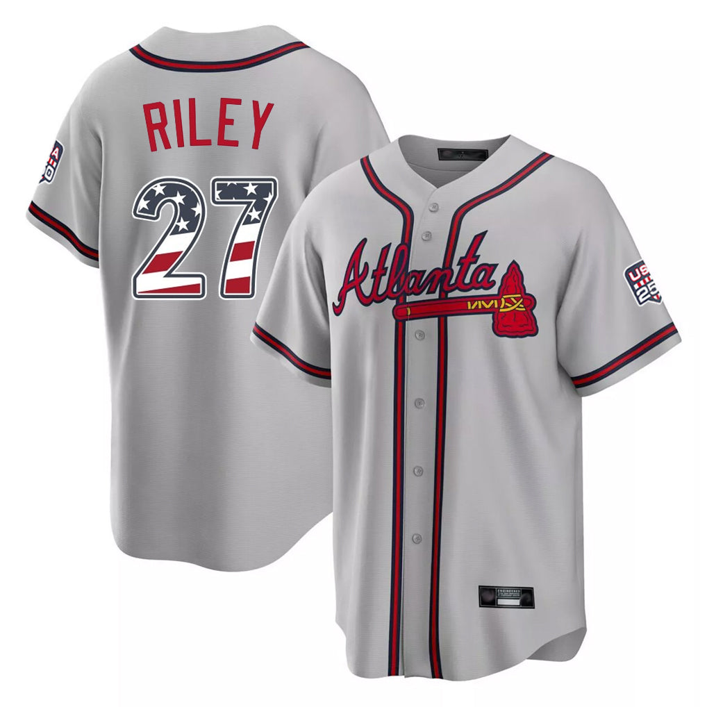 A.Braves #27 Austin Riley Player Gray USA 250 Fourth Of July Limited Home Game Gdoa250Ys Stitched Jerseys