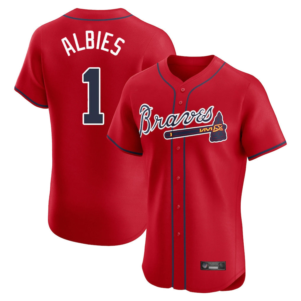 A.Braves #1 Ozzie Albies Player Red Limited Elite Home Game Gdoa Stitched Jerseys